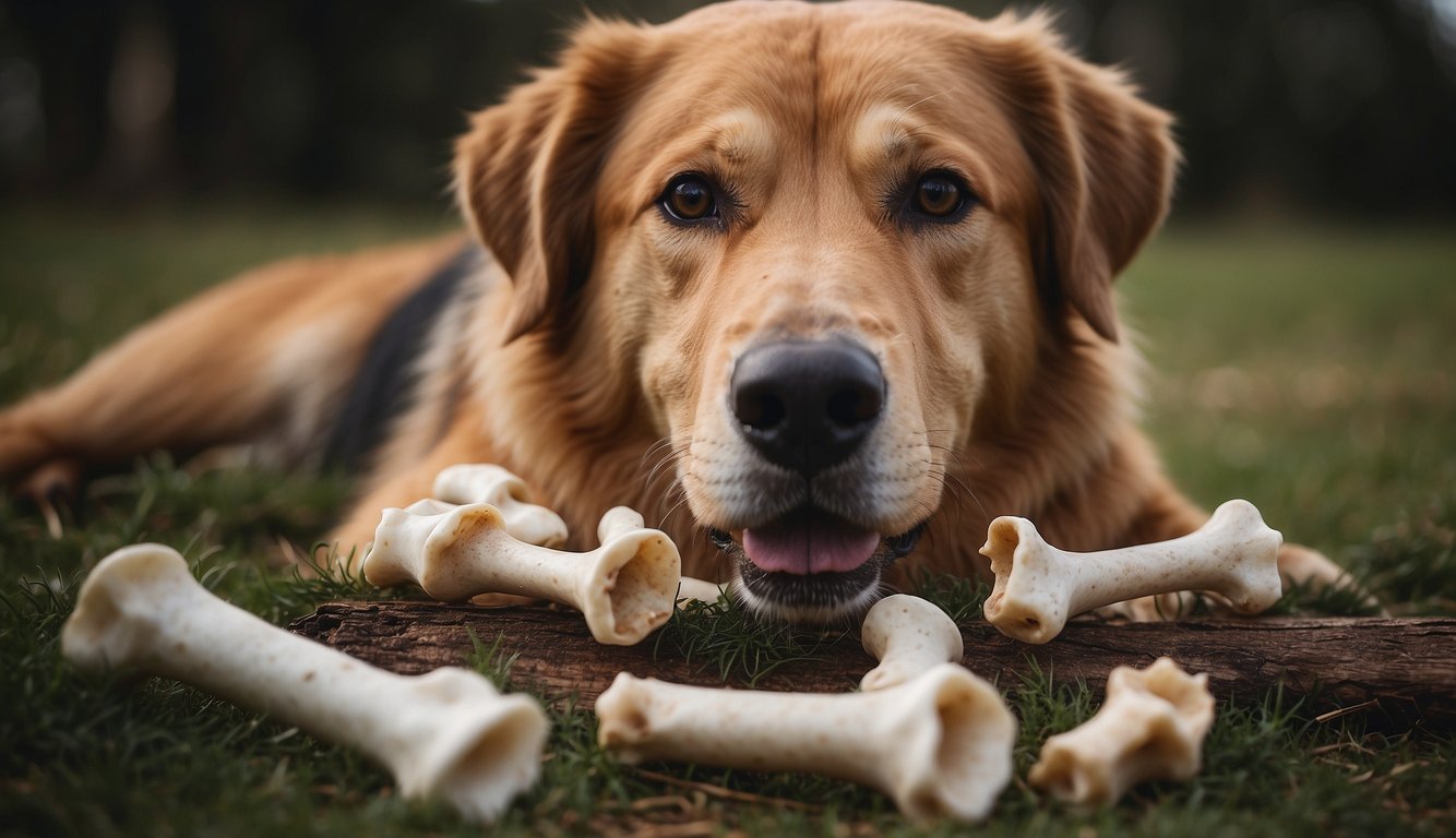 A golden retriever relaxes on the grass with bones